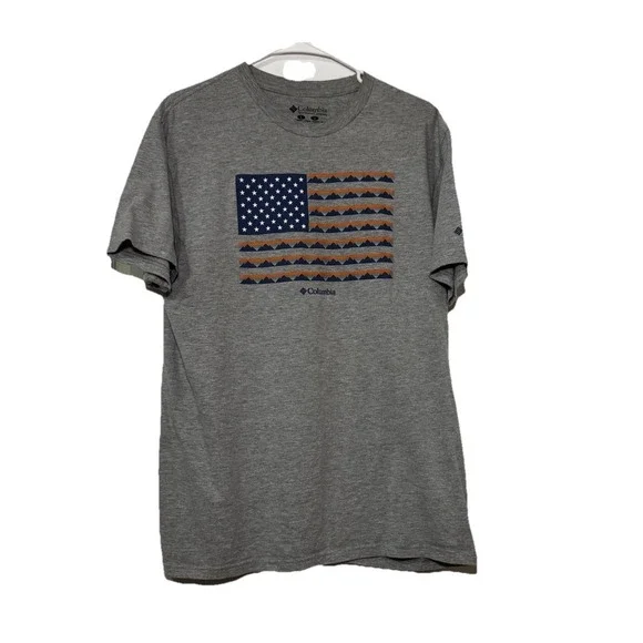 Columbia Men's Large T-Shirt Gray American Flag Mountain Graphic Outdoor Hiking