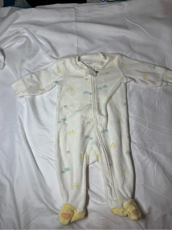 Carter's White Plush Footed One-Piece with Pastel Yellow & Blue Accents