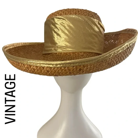 VINTAGE 80s Caché Gold Metallic Lamé Straw Sun Hat Beach Statement