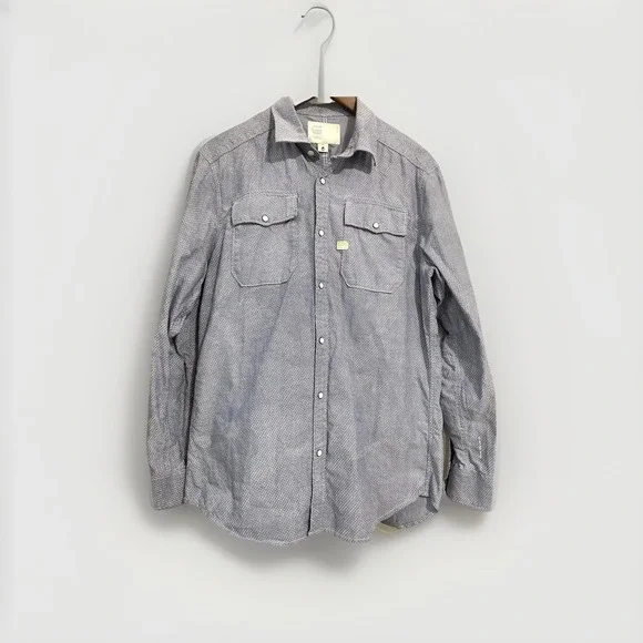 G-Star Raw Landoh Shirt LS Blue White Micro Pattern Pearl Snap Mens Large D01142