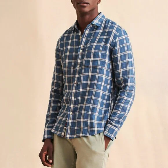 Faherty Laguna 100% Linen Nightfall Plaid Button Down Blue Shirt XXL