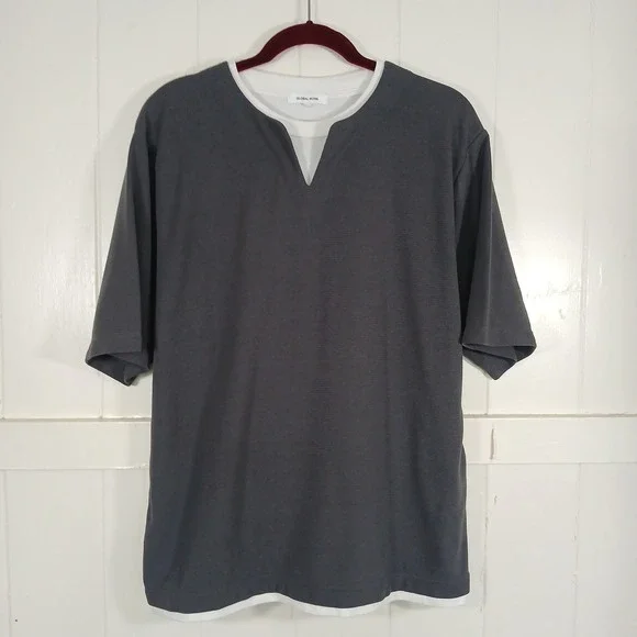 Global Work Layered T-Shirt Mens Size M Grey White Split Neck‎ GW232076AD