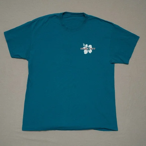 Trader Joes Hibiscus Crew Logo Short Sleeve Blue Spellout Employee Shirt S