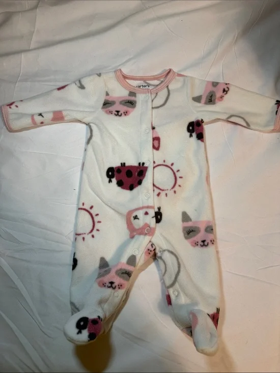 Carter's White Fleece Footed One-Piece with Pink & Gray Animal Print