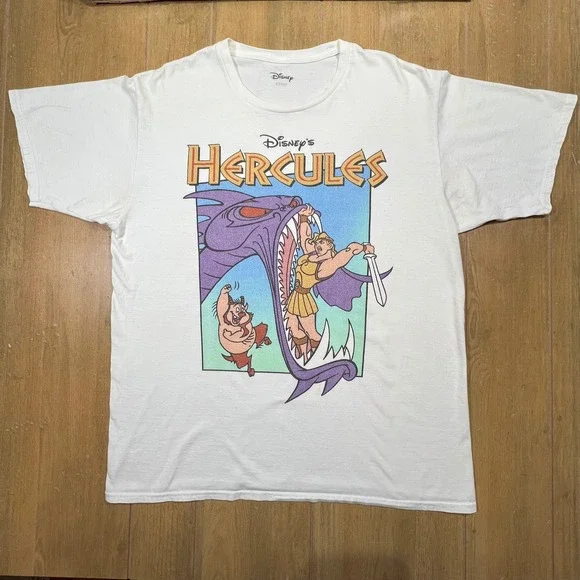 Disney Hercules Graphic T-Shirt White Short Sleeve Hydra Phil Cotton Tee Mens XL