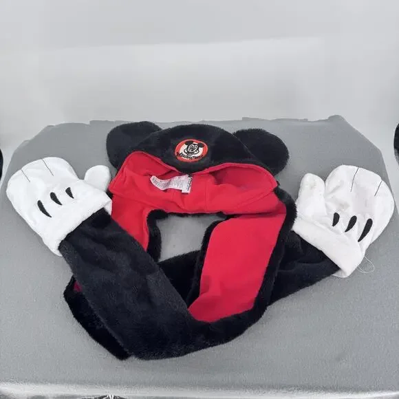 Disney Parks Mickey Mouse Hooded‎ Scarf Gloves Womens Trapper Hat Black Faux Fur