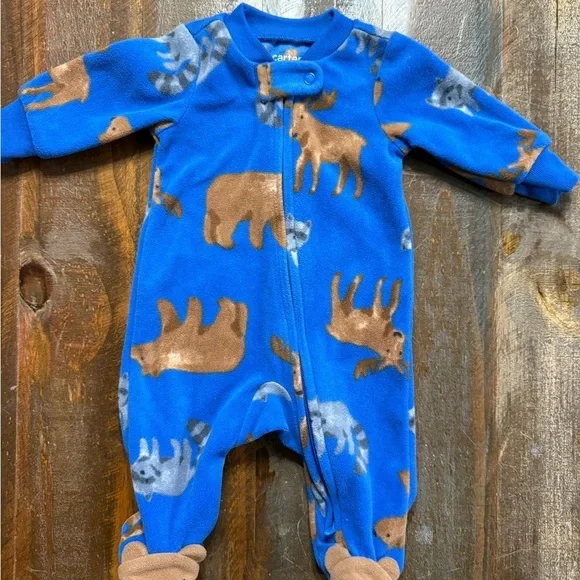 Ⓜ️Carter’s Child of Mine Newborn Fleece Footed Sleeper Blue Woodland Animals EUC
