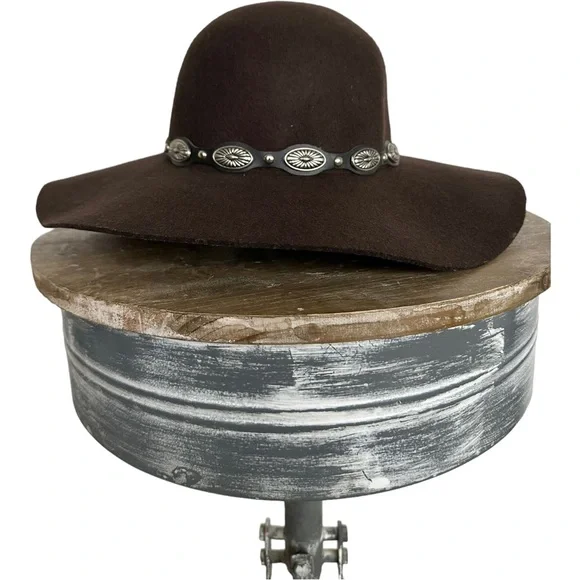 Scala Collezione Southwestern Wide Brim Wool Hat Oval Concho Trim Brown One Size