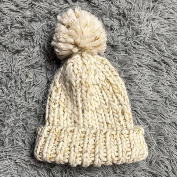 Y2k Ivory Knit Hat with Pom-Pom