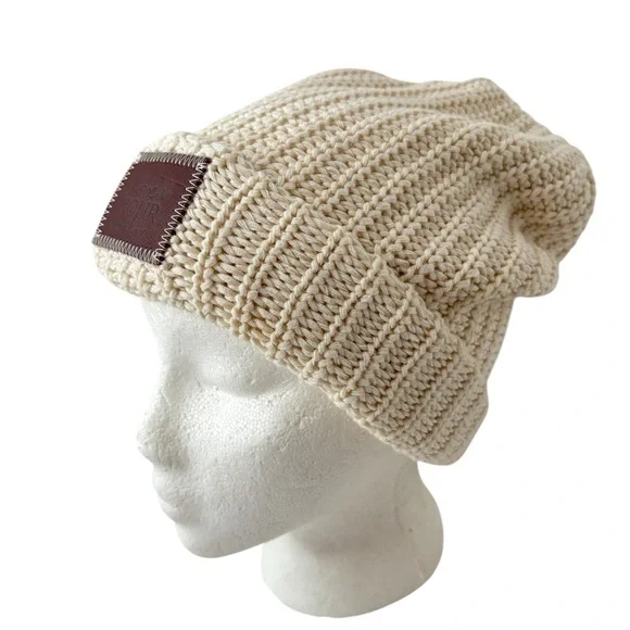 Love Your Melon Beanie Knit Hat Ivory Large Leather Logo NWOT