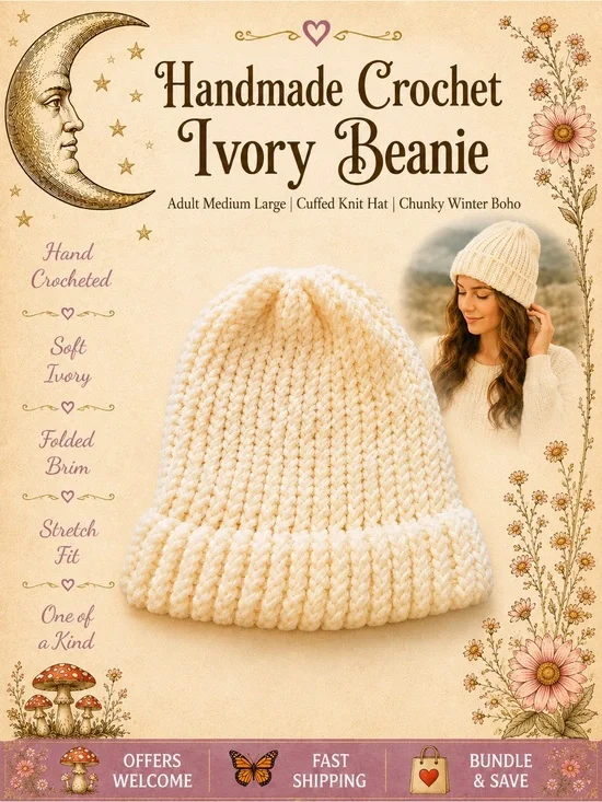 Handmade Crochet Ivory Beanie Adult Medium Large Cuffed Knit Hat Winter Boho