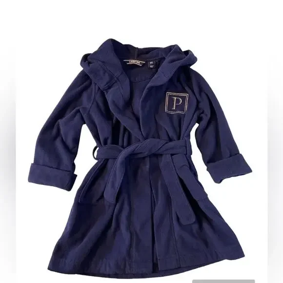 Lands’ End Navy Hooded Fleece Robe With Monogram P Size 3T