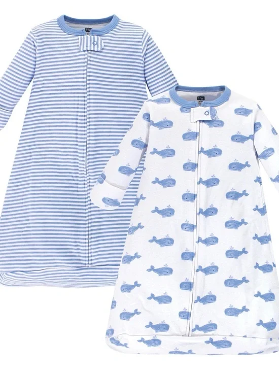 Hudson Bay bundle of 2 Striped White & Blue Whale Sleep Sacks 6-9 months