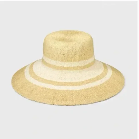 A New Day Striped Straw Raffia Packable Vaca Floppy Brim Beach Hat Cream S/M