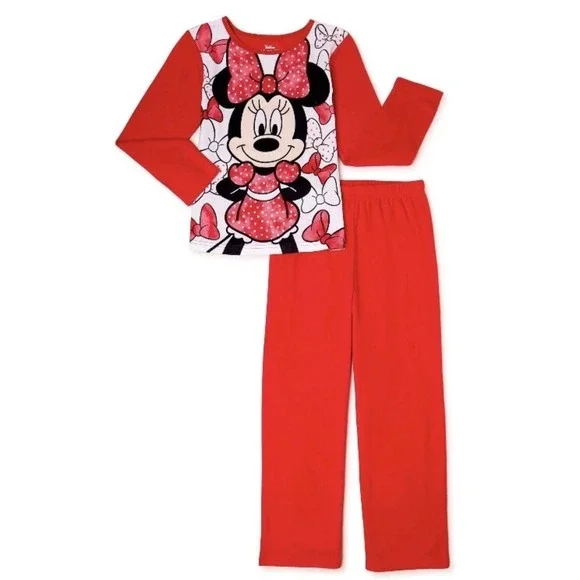 Disney Minnie Mouse Pajama Set Kids Girls 4/5 Red New Flannel‎ 2pc Sleepwear