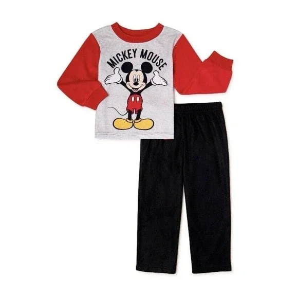 Disney Mickey Mouse Pajama Set Boys‎ 18M Red Gray NEW 2-Piece Flannel Sleepwear