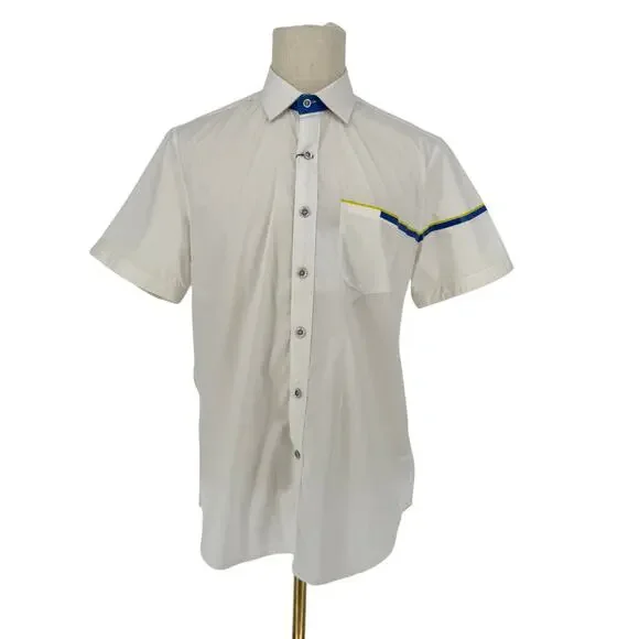 Robert Graham Button Front Short Sleeve Shirt White Sporty Technical Stripe  M
