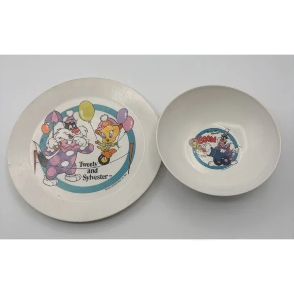 Vintage 1983s Looney Tunes Bugs Bunny Sylvester & Tweety Plate And Bowl MELAMINE