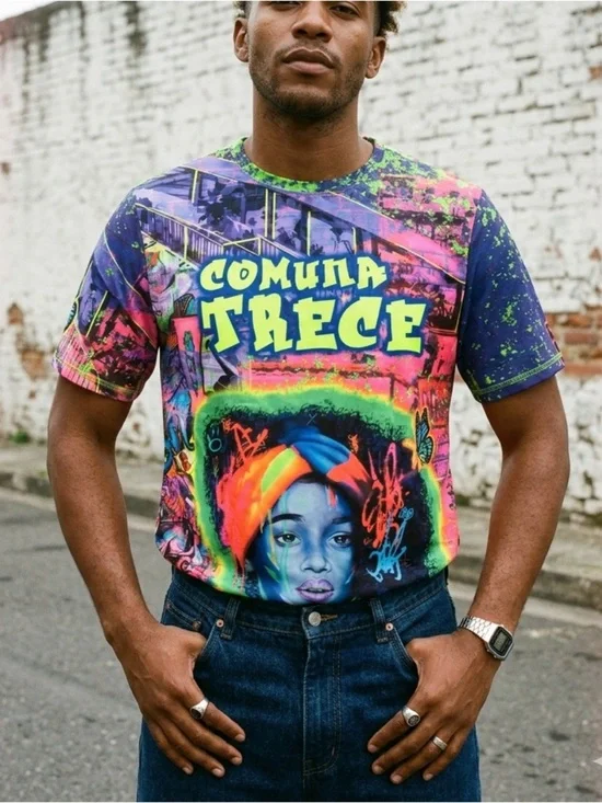 Medellín Comuna 13 T-Shirt Mens M All Over Print Neon Graffiti Colombia AOP