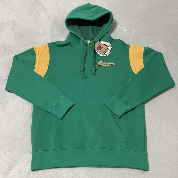 Champion Hoodie Mens Medium Green Yellow Varsity Style Colorblock Fleece Retro