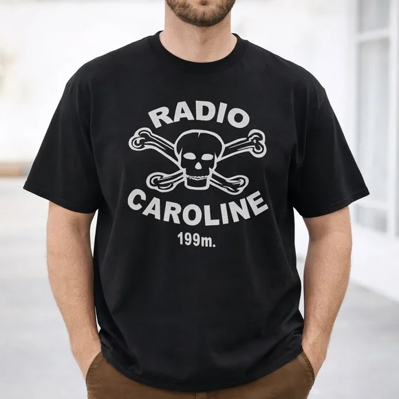 Radio Caroline Retro T Shirt Black Gilden XXL Band Shirt Skull Crossbones