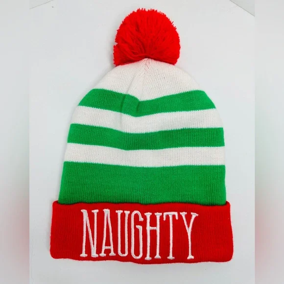 Women’s Unisex Naughty Striped Christmas Knit Beanie Hat Cap In Red Green &White