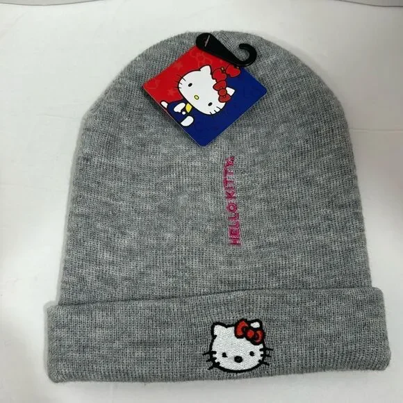 Hello Kitty Sanrio Gray Pink Knit Embroidered Beanie Hat Cap