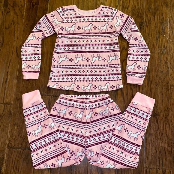 Wonder Nation pink white maroon unicorn 🦄 long Johns pajama set 7/8 Medium PJ’s