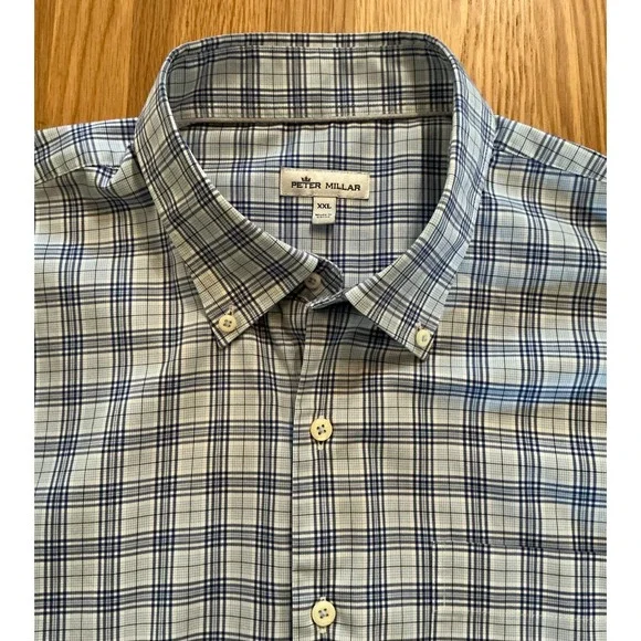 Peter Millar‎ XXL Blue Plaid Long Sleeve Button Down Shirt Cotton Stretch