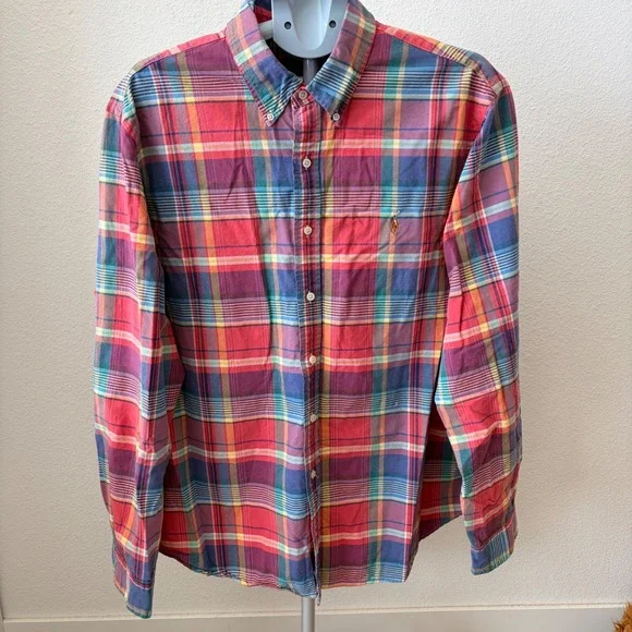Ralph Lauren Plaid Button Down Mens XXL Multicolor Long Sleeve Shirt Flesh Pony