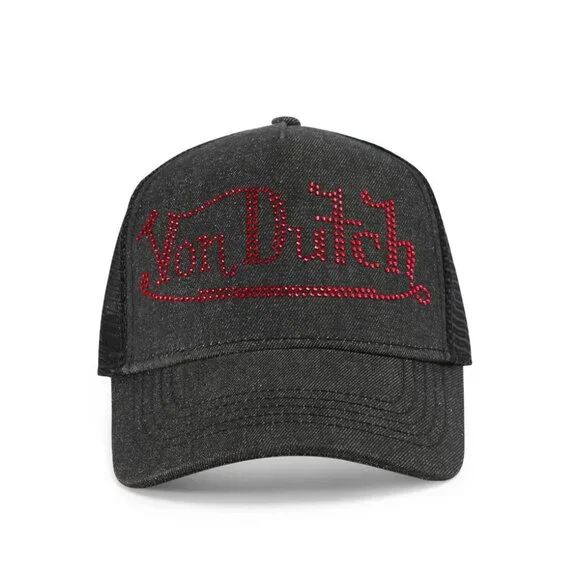 Von Dutch Rhinestone Trucker Hat – Black with Red Rhinestones MSRP89