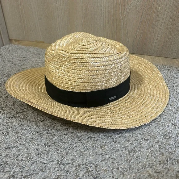 NWT Brixton Honey Woven Joanna Hat Black Band Straw Wheat Travel Summer Beach M