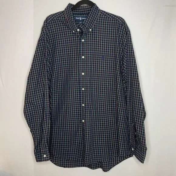 Ralph Lauren Shirt Men XL Blue Green Long‎ Sleeve Button Down Plaid Blake