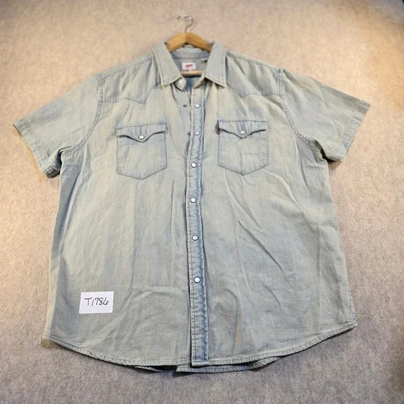 Levis Mens Western Denim Shirt Light Wash Pearl Snap Short Sleeve XL T1786