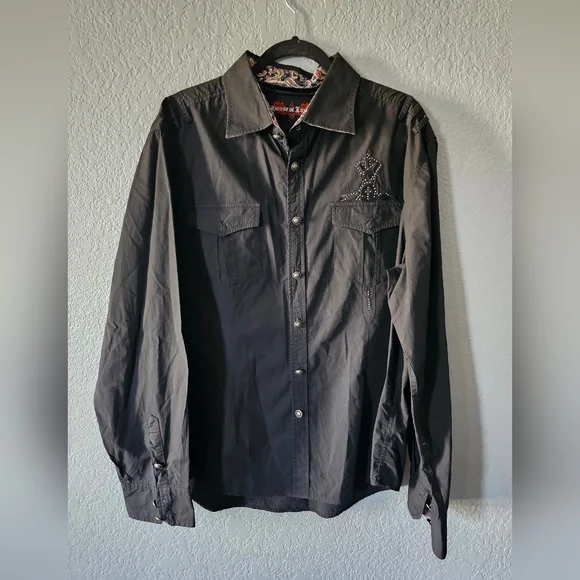 House Of Lords Men's Black Casual Button-Down Shirt with Stud Detaile