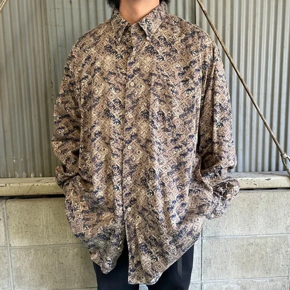 Vintage Woolrich Men’s Wildlife Animal Patterned Button Down Brown/Navy L