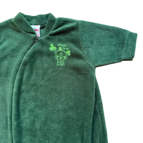 Vintage 80s Baby Fleece sleeper St Patricks Day Irish Clover‎ Green 0-3M