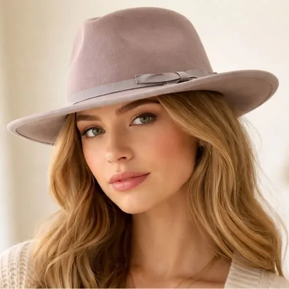 NWT Anthropologie Taupe Wool Fedora Hat Grosgrain Band Wide Brim One Size Womens