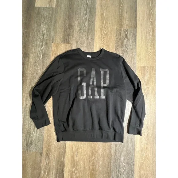 Gap Sweatshirt Mens XL Black Excellent Tonal Logo Crewneck Fleece Pullover