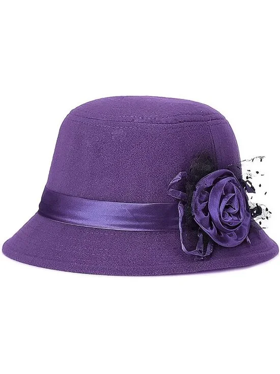 Women's Purple Vintage Felt Cloche inter Floral Fedora Imported Bucket Hat