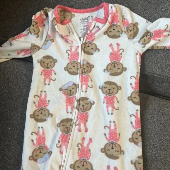 Carters Super Comfy Fleece 24 Months One Piece Pajamas‎ White Pink Monkey Feet