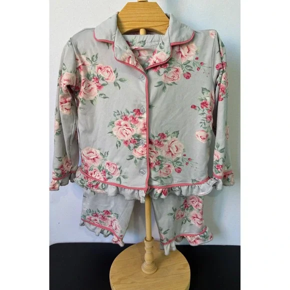 Tahari Pajama Set Floral Ruffle Girls 2T Blue Pink Good