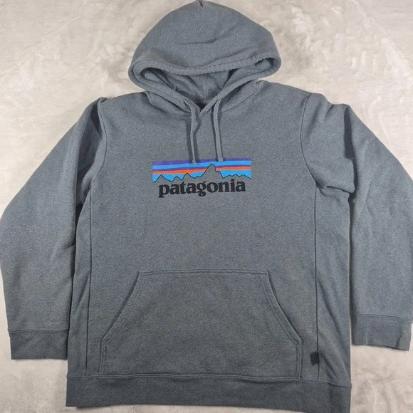 Patagonia P-6 Logo Uprisal Hoodie Men's XL Blue Gray Fleece Pullover Sweatshirt