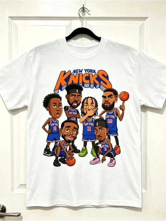 New York Knicks team cartoon big head comic print white short sleeved shirt
