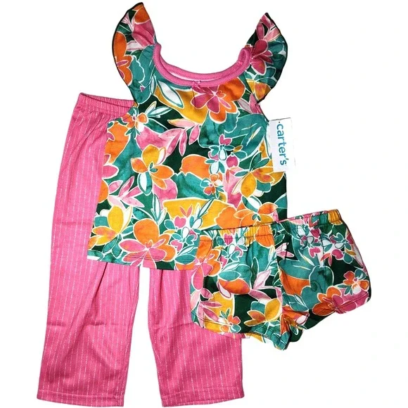 Carter's Toddler‎ 3T Flower 3pc Loose Pajama Set Polyester Pants Shorts Tropical