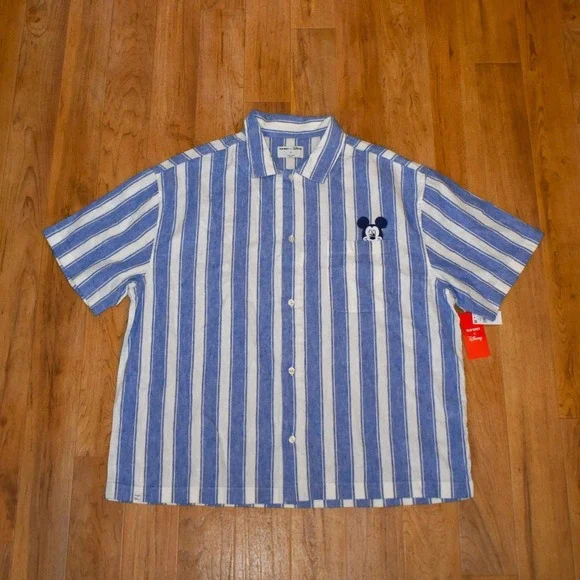 Old Navy X Disney Mens Button Down Shirt XL Blue New Striped Mickey Linen Blend