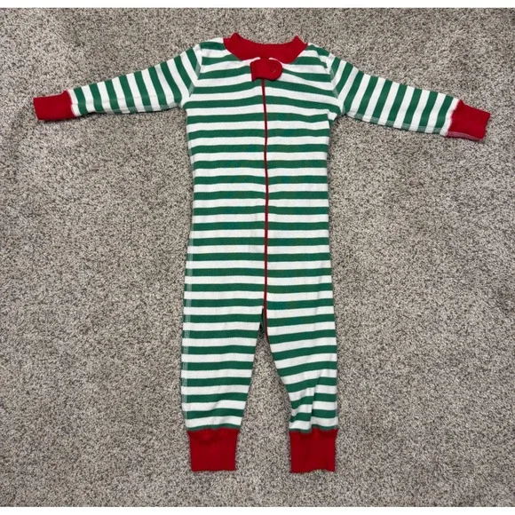 Hanna Andersson Green White Striped Organic Cotton Zip Pajama Sleeper 9-18 Month