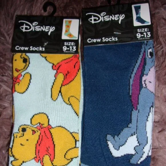 Bundle of Disney \ Crew Socks with Eeyore and Winnie the‎ Pooh New 9-13