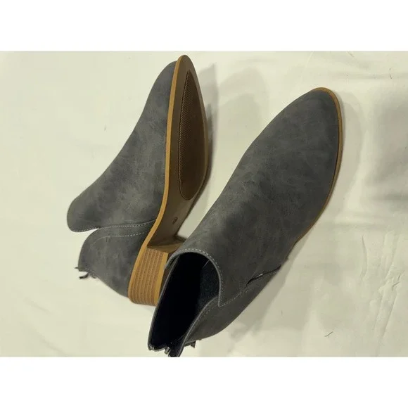 Grey Faux Leather Pointed Toe Ankle Boots Side Cutout Back‎ Zip Block Heel 43