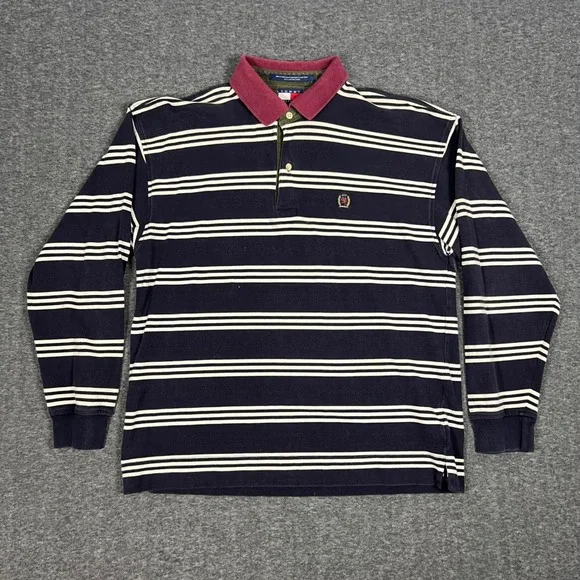 Vintage Tommy Hilfiger Rugby Polo Shirt Mens Large Navy Blue Striped Long Sleeve